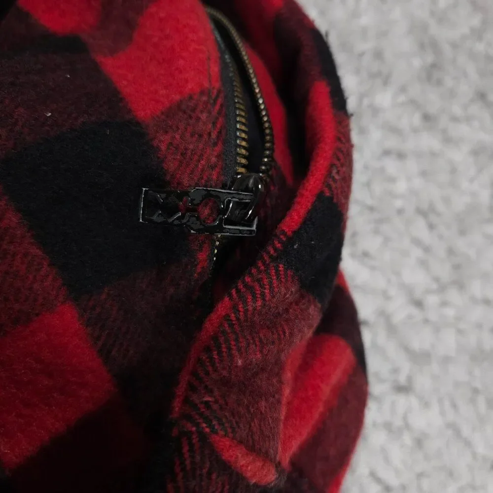 READ Mcq by Alexander Mcqueen Red Black Buffalo Plaid Wool Leather Backpack